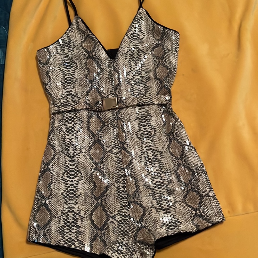 Sequin Snakeskin Belted Shorts Romper